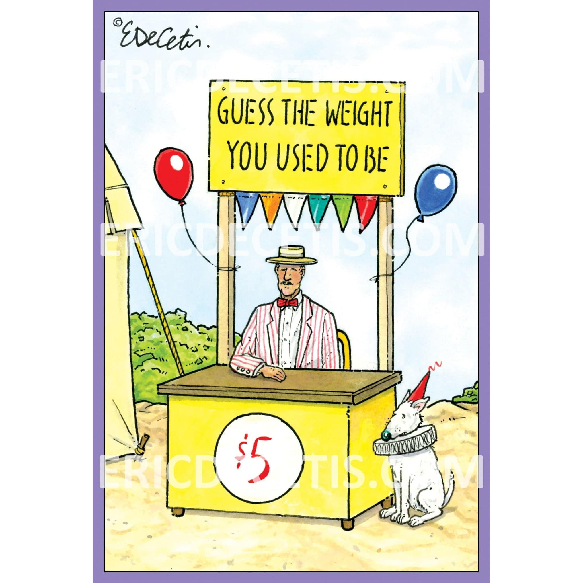 Guess Weight birthday card by Pictura featuring a colorful design with playful illustrations and the name Eric Decetis.